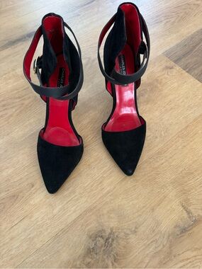 Charles Jourdan Black Suede Pointed Toe Strappy Heels with Red Insole